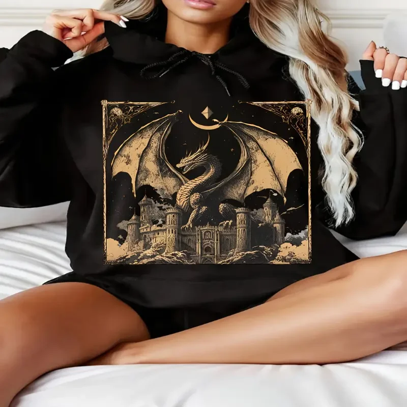 

Винтажная толстовка с рисунком дракона, повседневная одежда, пуловер с длинными рукавами, толстовка с принтом золотистого дракона и замка, свободная посадка, повседневная с капюшоном