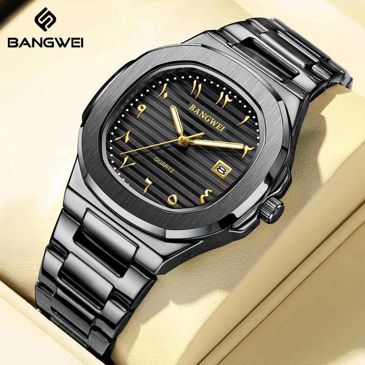 

BANGWEI мужские деловые часы, роскошный ремешок из нержавеющей стали, водонепроницаемые кварцевые часы 30 м, модный циферблат, светящийся календарь, мужские часы