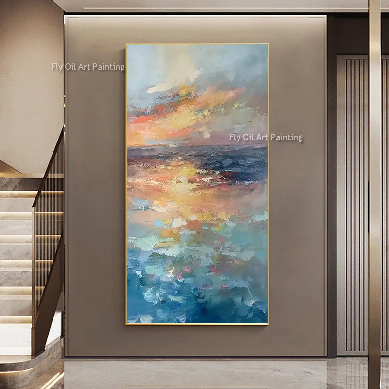 Original Sea Sunrise Artwork Handmade Abstract Coastal Canvas Painting Vertical Wall Hanging For Home Hallway Interior Decor