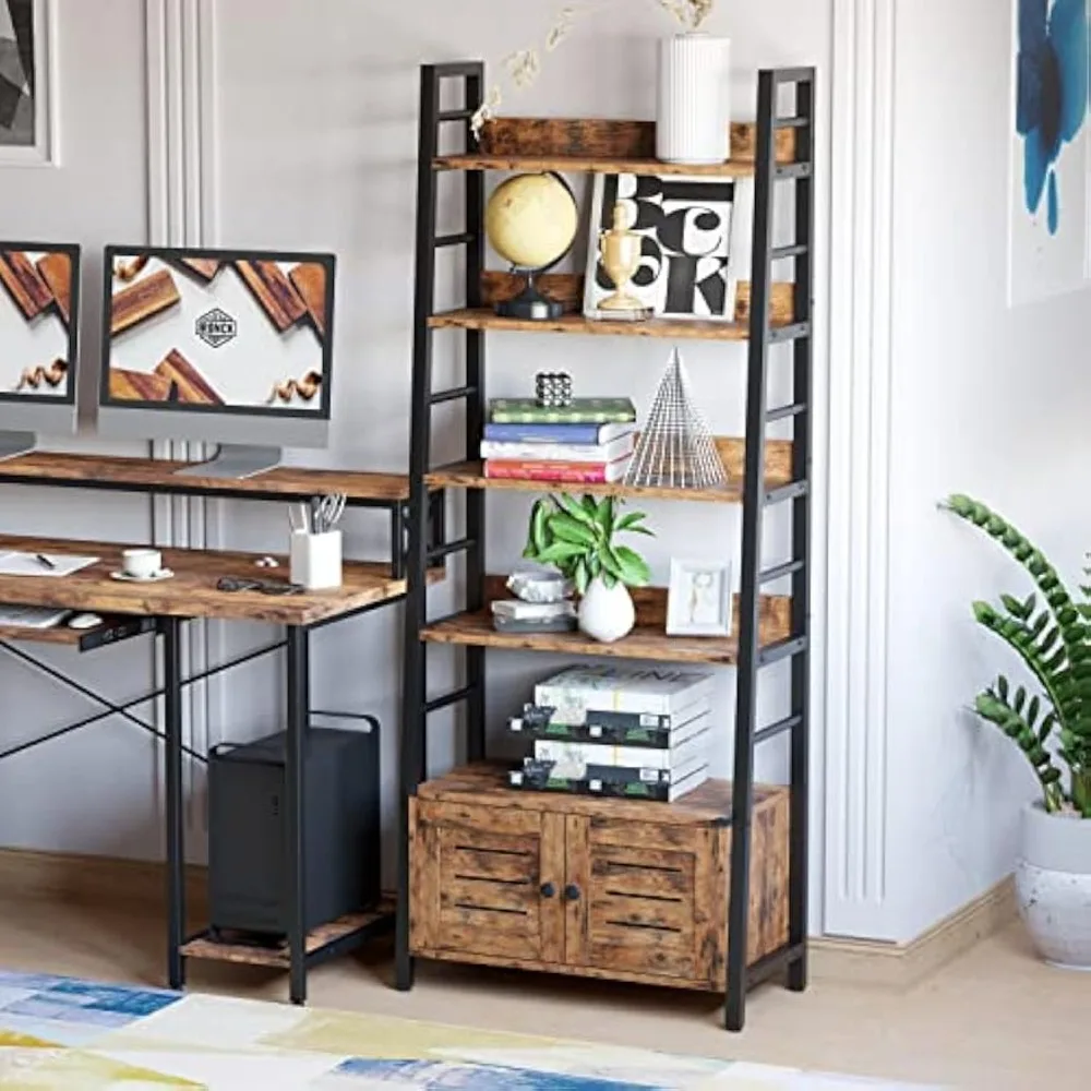 Bookshelf with Louvered Doors 4-Tier Ladder Shelf with Cabinet Industrial Accent Furniture for Bedroom Living Room Home Office