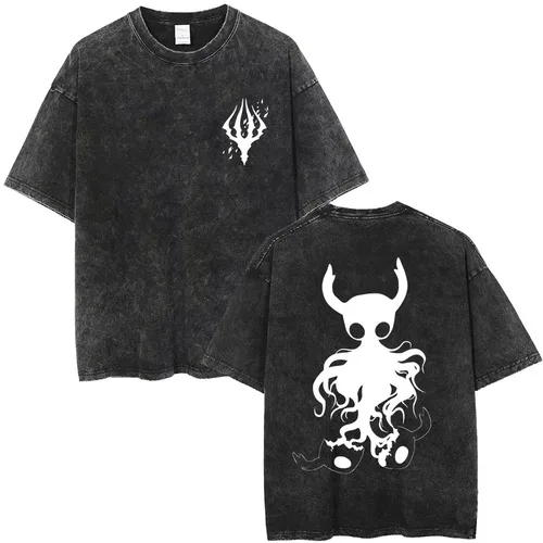 Camiseta con gráfico de caballero hueco de juego Vintage lavada para hombre y mujer, camisetas informales de manga corta de algodón a la moda, camiseta Unisex de gran tamaño