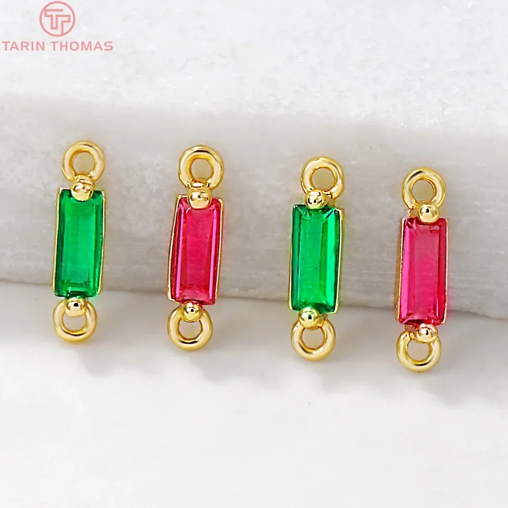 (1397)6PCS 9x2MM Hole 1MM 24K Gold Color Brass with Zircon Rectangle Connector Charm Pendants High Quality  Jewelry Accessories