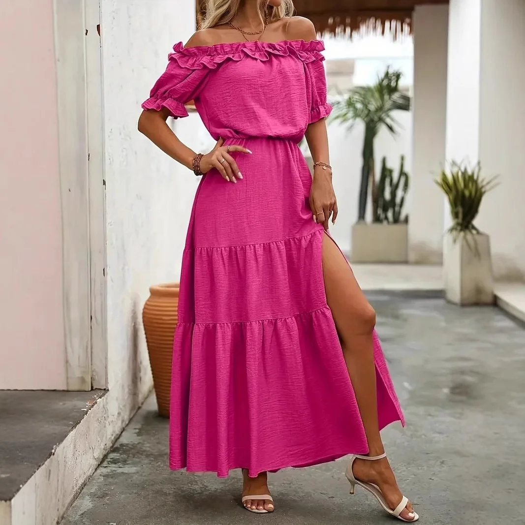 Moda cor sólida renda sem costas cintura vestido de manga curta feminino 2025 verão elegante vestido de fenda lateral de um comprimento para mulher