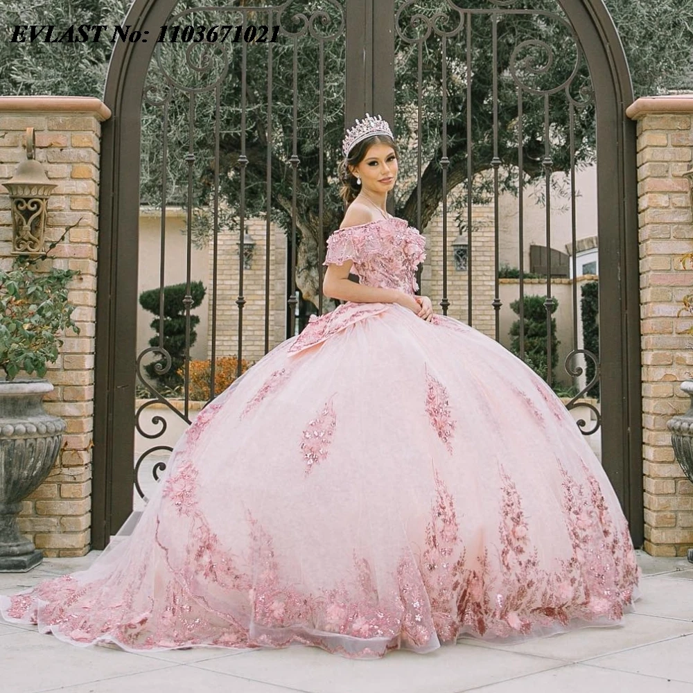 

Элегантное розовое бальное платье EVLAST для Quinnceanera, блестящее кружевное платье с аппликацией и бантом из бисера, Мексиканский корсет, милые платья 16 15 лет SQ644