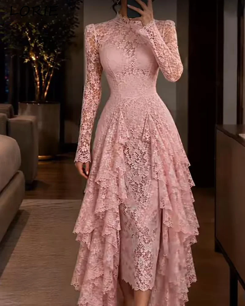 LORIE Muslim Crepe Evening Dress Hi-Lo Pleats High Neck Bobycon Prom Dress Lace Appliques Party Gown Customized Brithdays Dress
