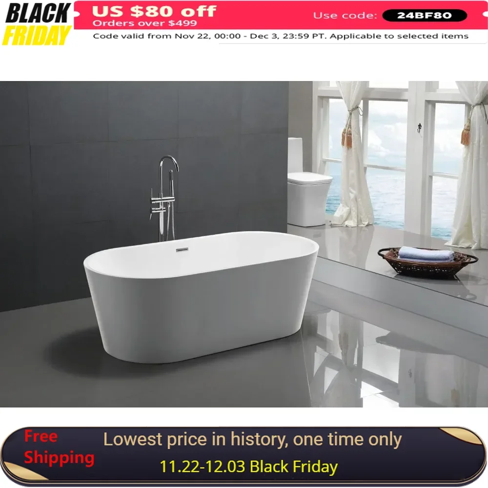 

Bathtub, 67 Inches, Flush Acrylic, Built-in Chrome Overflow and Drain, Bathroom Furniture, Freestanding Tubs