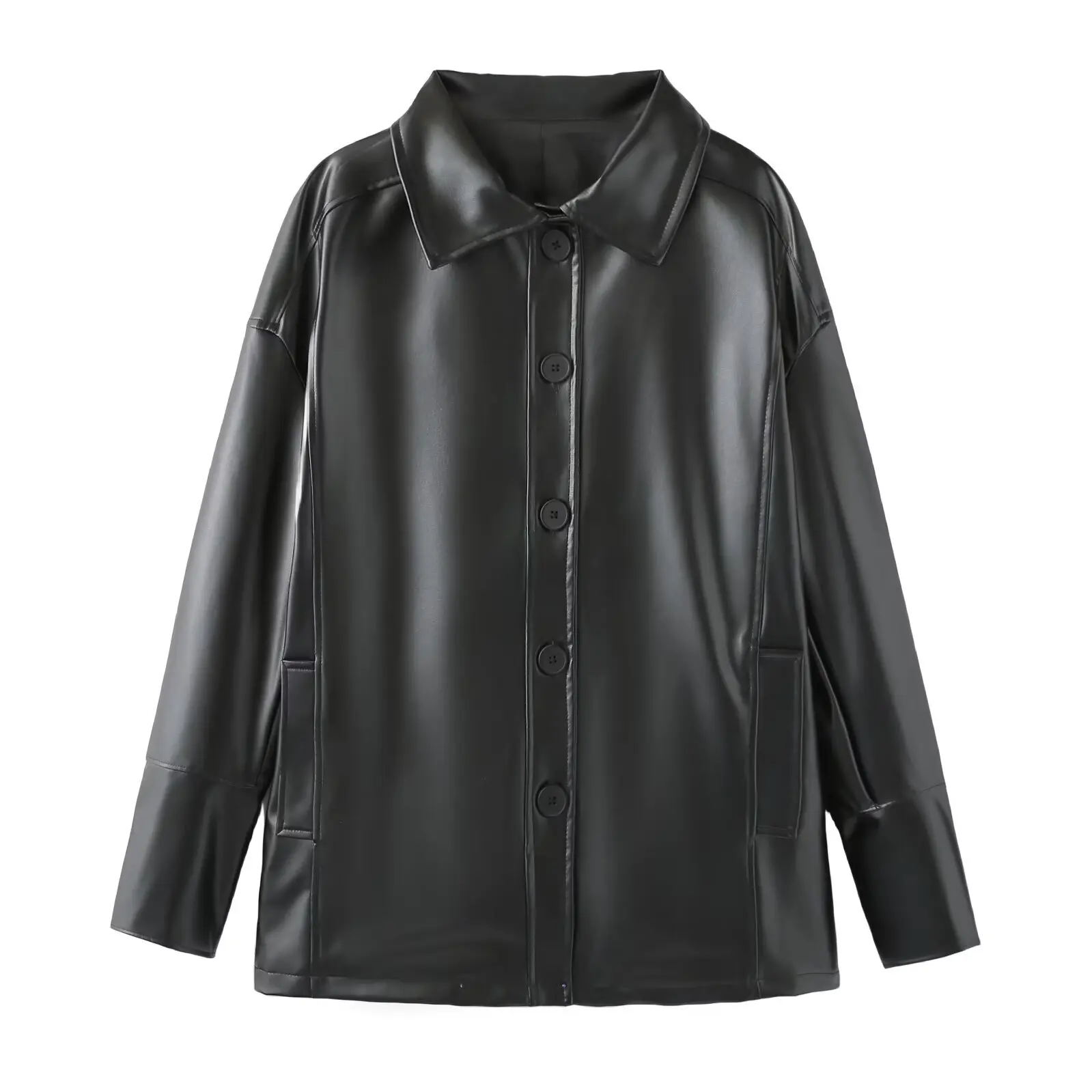 

New Autumn/Winter Fashion Casual Long Sleeve Turn-down Collar Single Breasted Pockets Solid Color Loose Fit PU Trench Outerwear