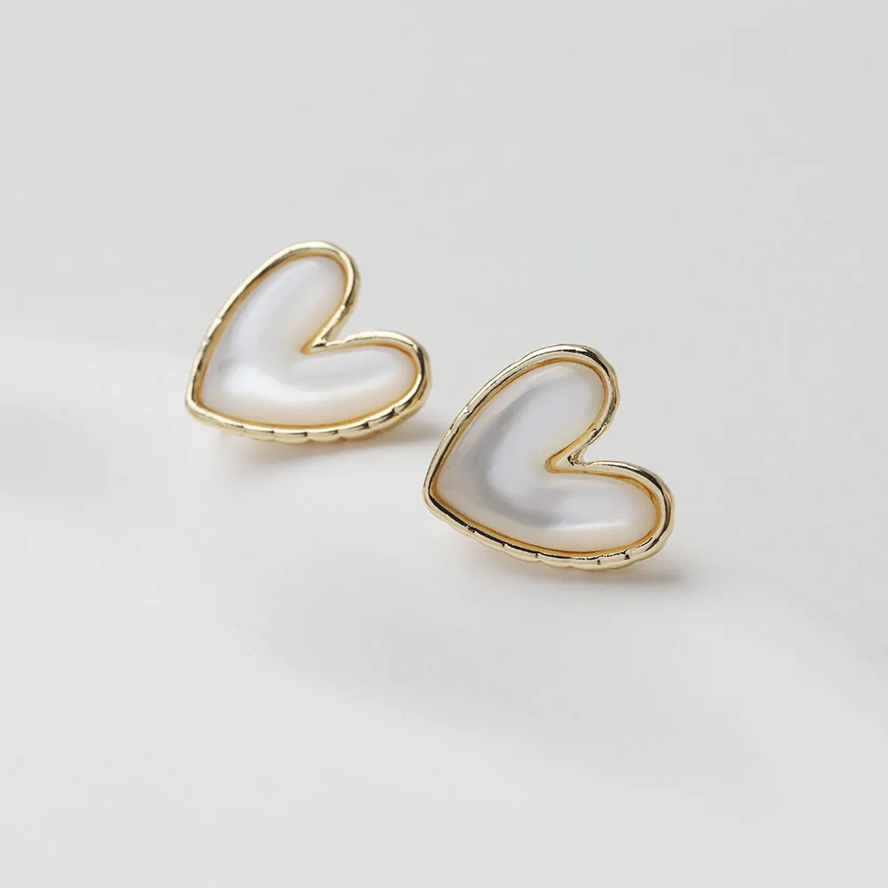 2PCS 14K Gold Plated Brass Inlaid Shell Heart Earrings Ear Stud DIY Making Supplies Material Accessories