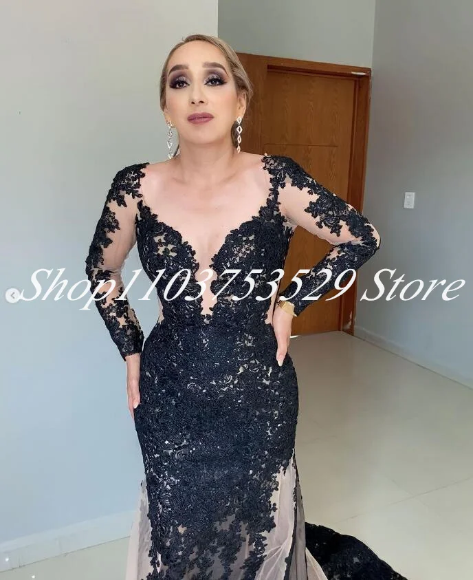 Black Champagne Mermaid Long Prom Formal Dresses Illusion Long Sleeve Lace Applique Evening Reception Party Gown 2025