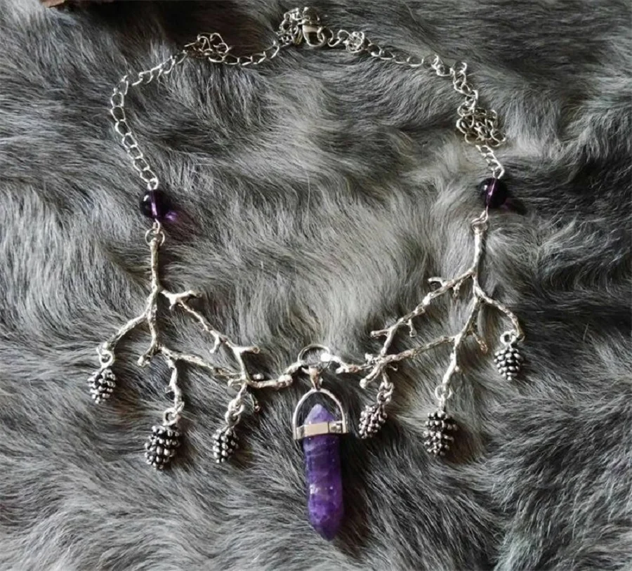 Crystal branch Choker, Gothic jewelry, retro, pinecone, natural stone, forest, witchcraft accessory, pagan, necklace For Women