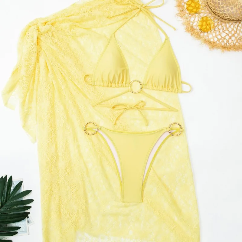 Women Sexy Bikini 3 Piece Set Metal Rings Lace Up Halter Padded Bra + Briefs + See Through Lace Maxi Skirts Vacation Beach Suit view 2