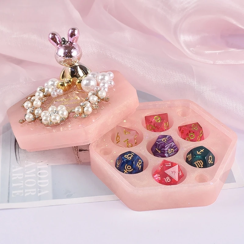 DIY Hexagonal Jewelry Storage Box Crystal Epoxy Resin Mold Board Game Dice Seven-piece Storage Case Dice Holder Silicone Mold