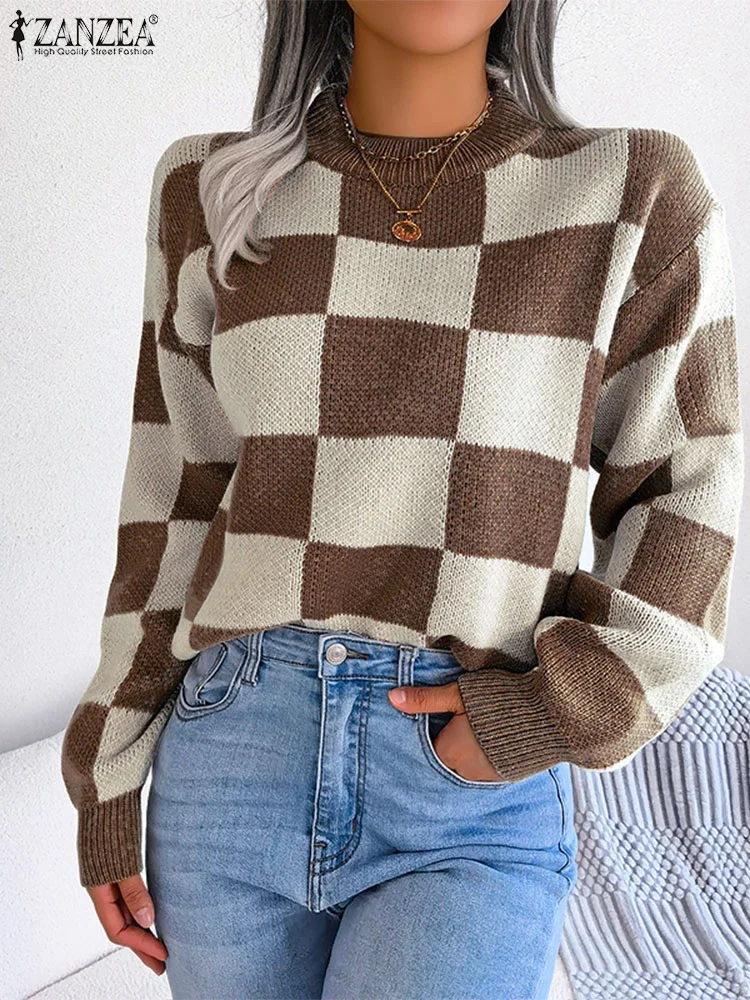 

ZANZEA 2025 Fashion Sweaters Women Autumn Plaid Jumpers Long Sleeve Casual Loose Winter Pullovers Elegant Office Streetwear Top