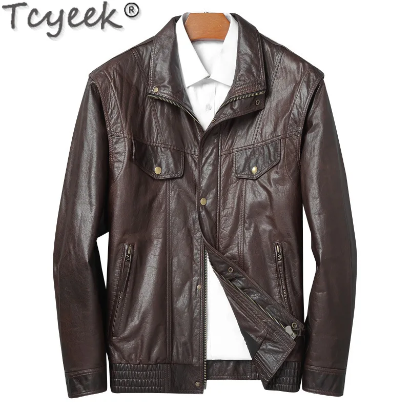 Tcyeek Genuine Leather Jacket Men L0il Wax Cowhide Coat Spring Autumn Clothes Mens Motocycle Jackets Loose Fit Jaqueta De Couro