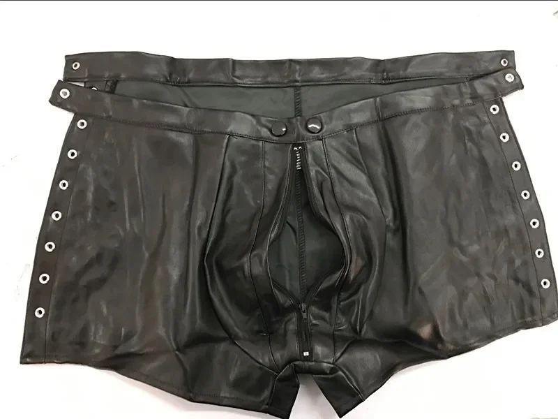 

Faux Leather Sexy Men Underwear Boxers Sexy Mens Bandage Boxer Double Slider Zipper Panties