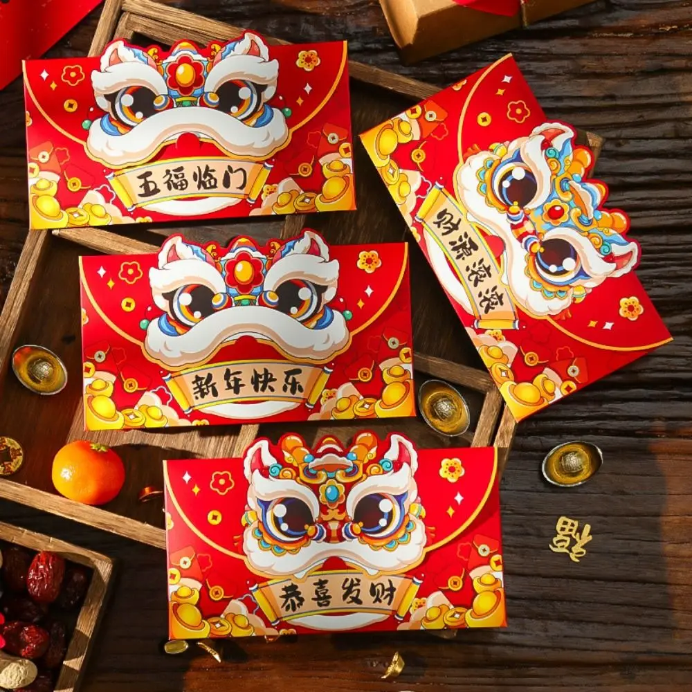 Sobres rojos del año del serpiente de dibujos animados, bendición tradicional, año 2025, paquete rojo del despertar del León de papel, 8 Uds.