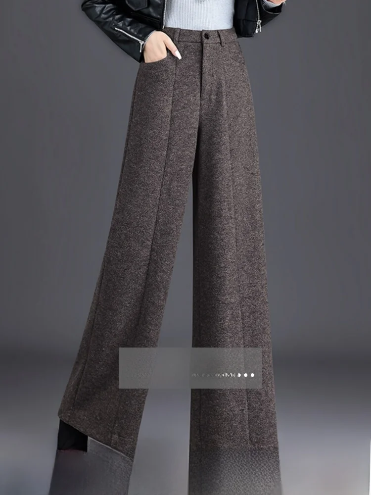 Verdikte wollen wijde pijpen broek dames hoge taille rechte broek casual grote voet lange broek woon-werkverkeer Sle pure kleur