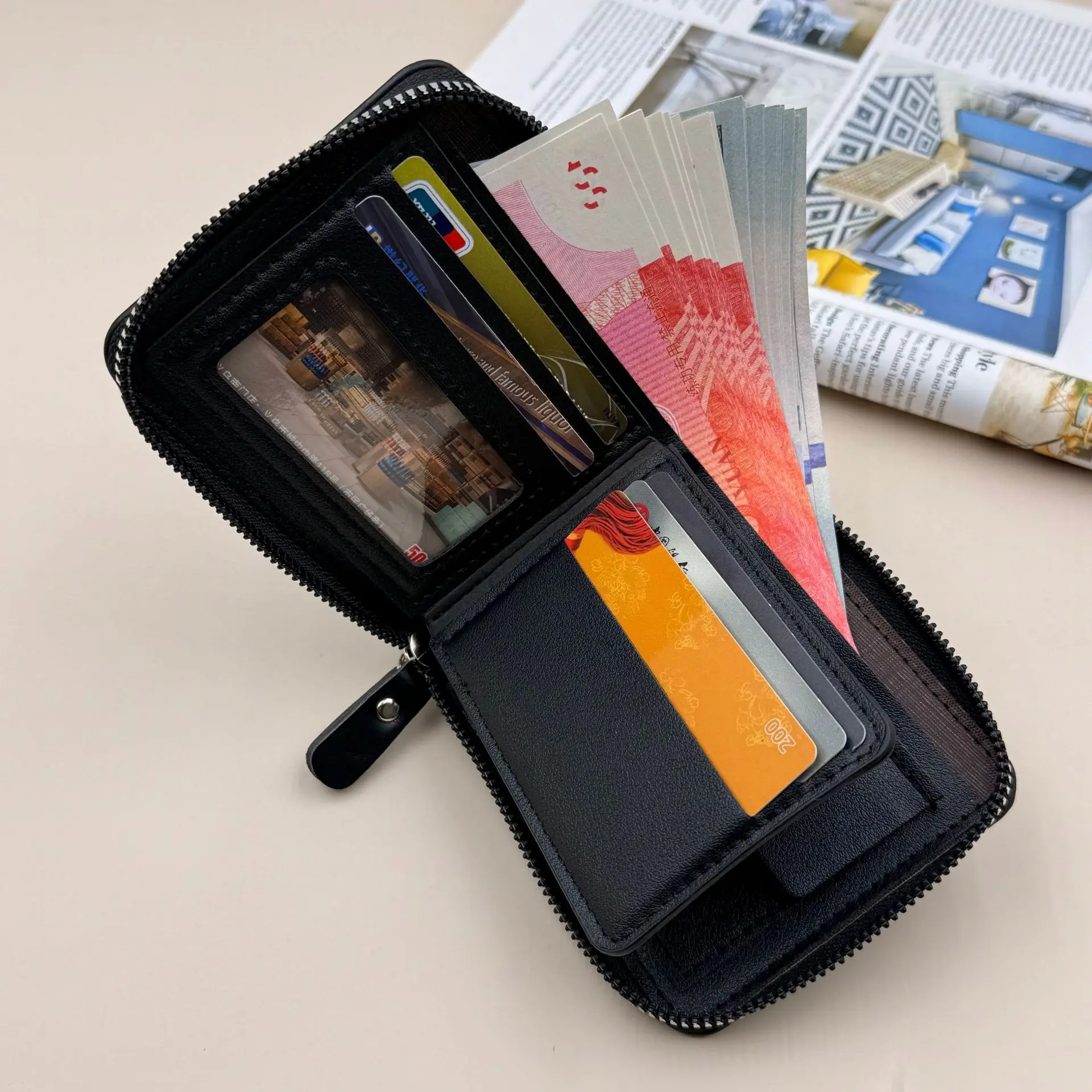 Men’s Leather Zipper Wallet Large Capacity Multi-card Holder Wallets Coin Cash Purse with ID Window image 4