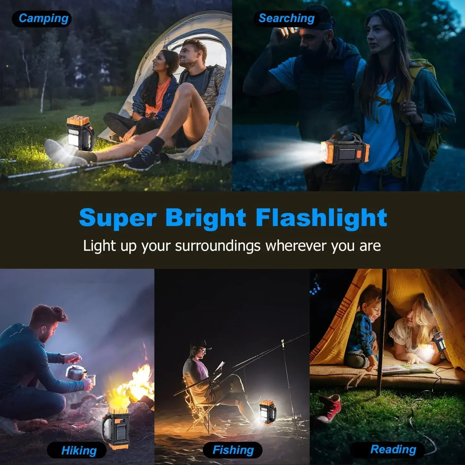 Solar LED Flashlight COB Camping Lantern USB Charging Powerful Torch Light Waterproof Portable Searchlight Power Bank Outdoor