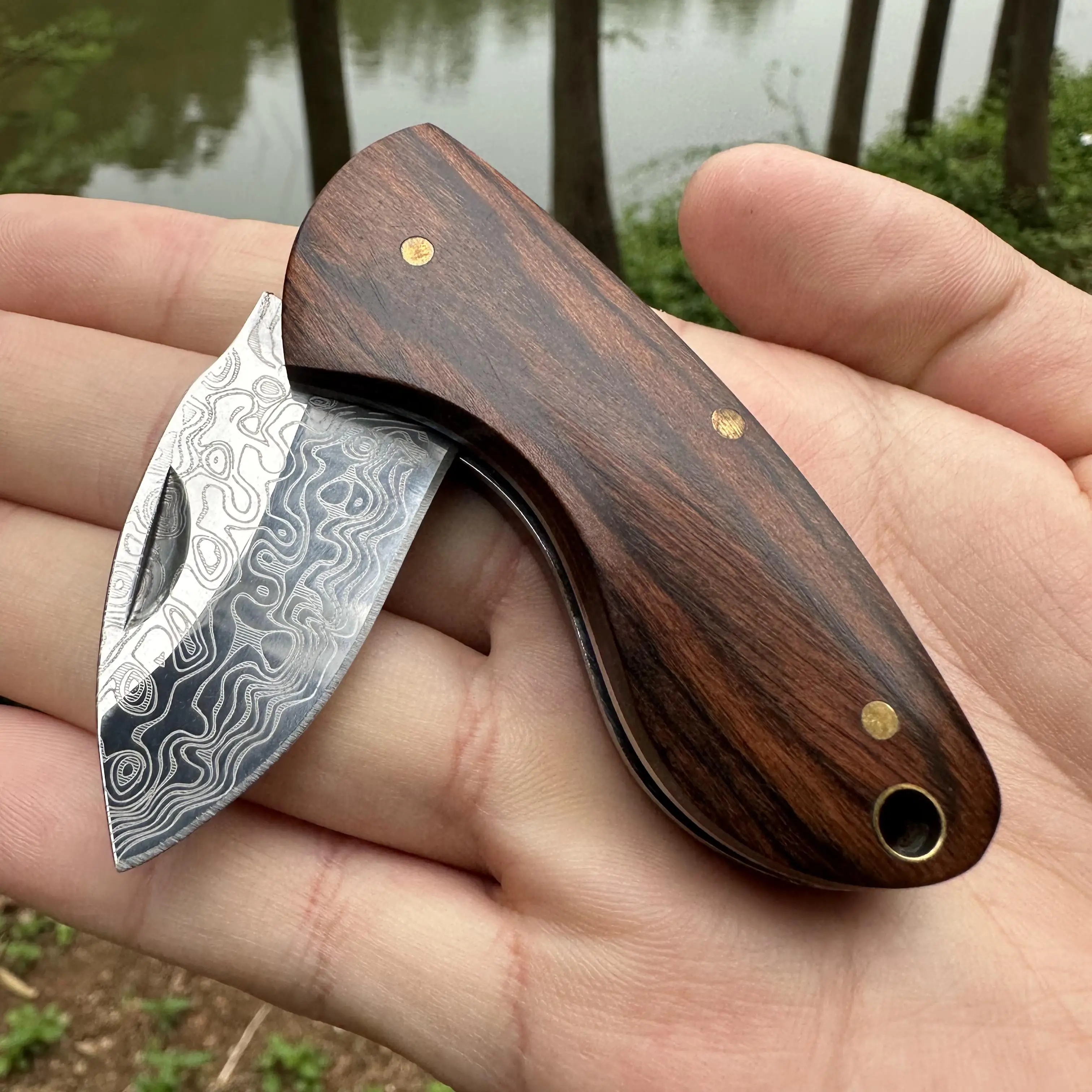 

Topwell Handmade Mini EDC Knife Laszer Damsascus Pattern Confortable Rosewood Handle Portable Key Knife Hiking Camping Unpacking