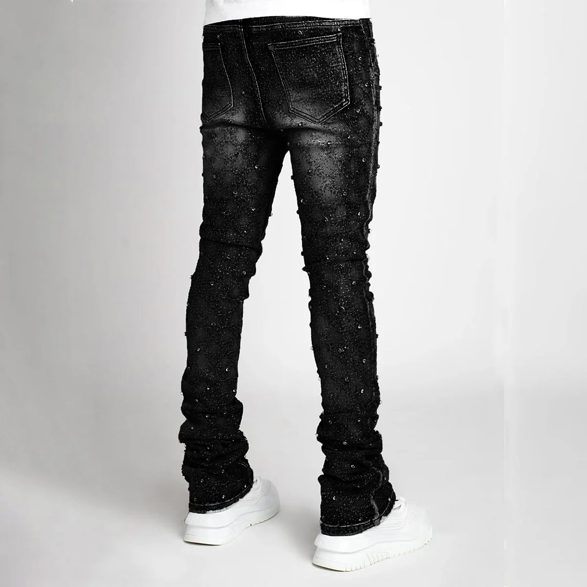 Heren Denim Mode Individualistische Straight-Been Herenbroek Europese En Amerikaanse Mode Elastische Parel Denim Gelaagde Lange Broek