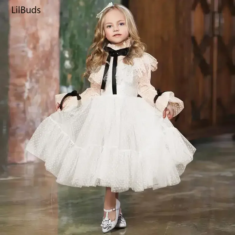 2024 Baby Girls Kids Princess Dress Lace Bowknot Tulle White Dresses Toddler Vestido Flower Clothes Children Herben Luxury Frock