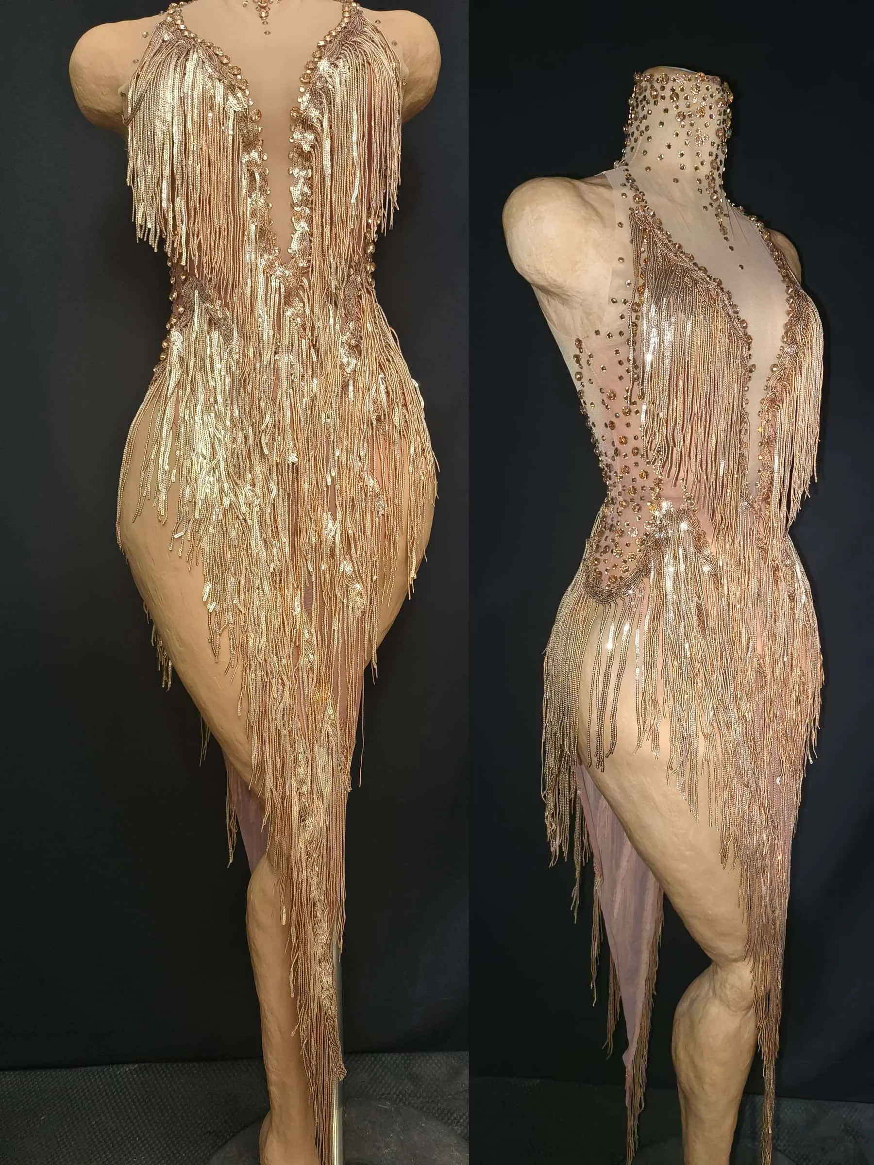 Tishen Sparkly Steentjes Lovertjes Kwastje Prom Jurken Sexy Vrouwen Latin Dance Outfits Bars Nachtclub Feestjurk Toneelkostuum