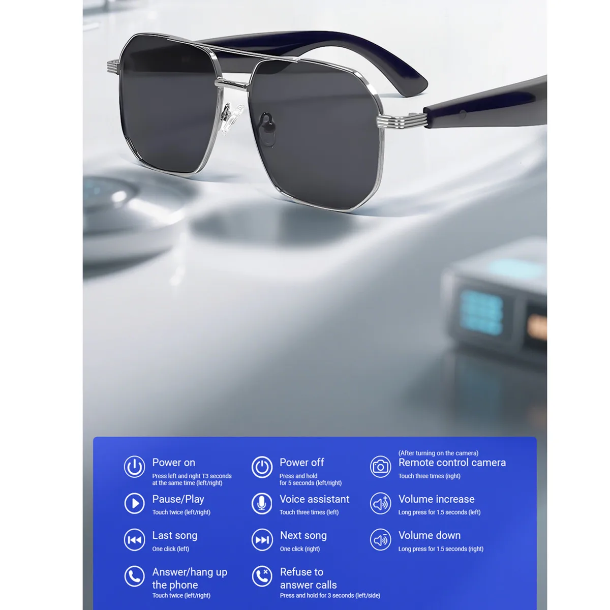 Bluetooth Smart Glasses Translate Language Remote Camera Play Songs Answer Call Smart Glasses with Artificial Intelligence