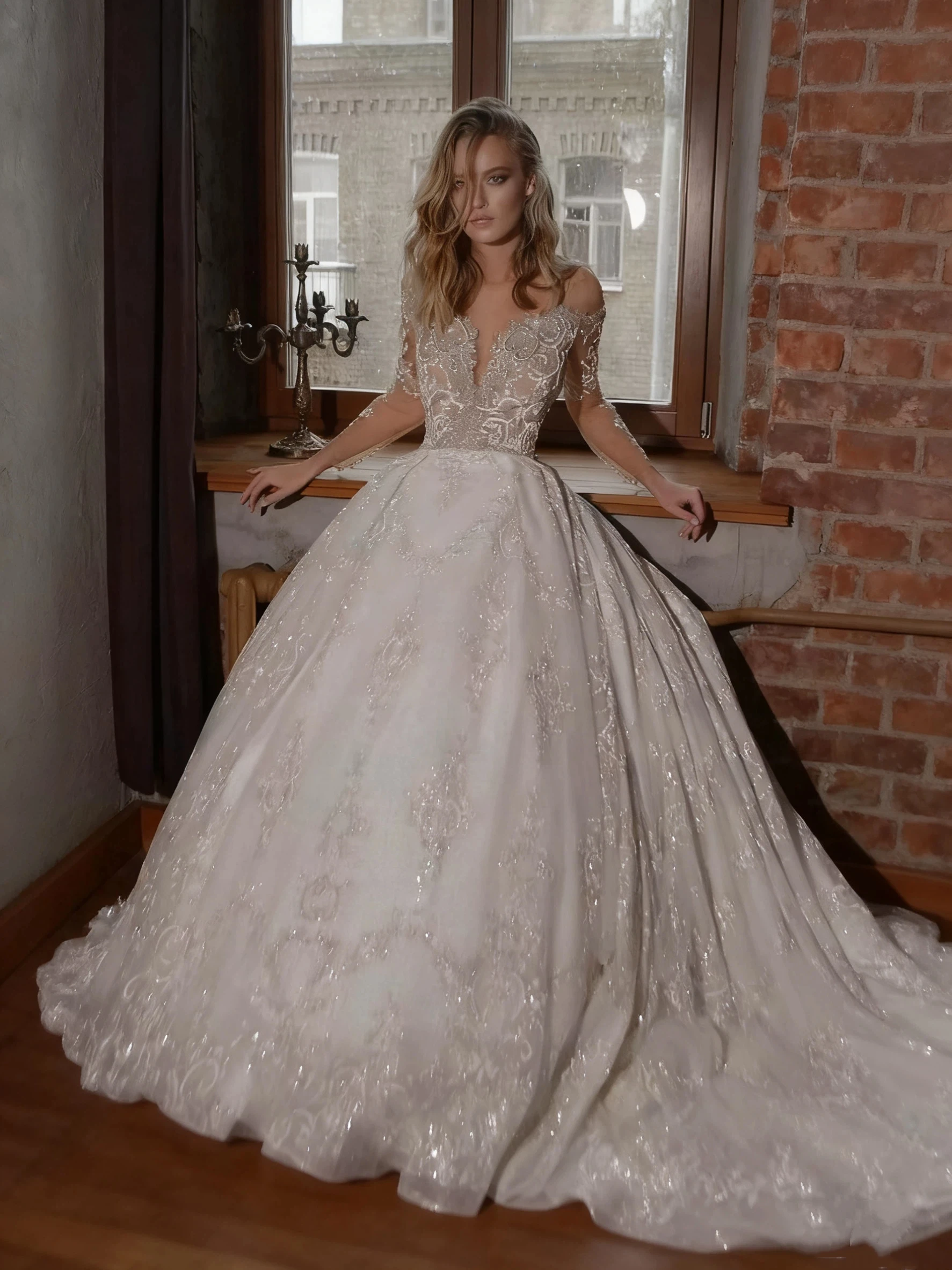 Sparkling A-Line Lace Applique Bead Women's Wedding Dress Deep V-Neck Off Shoulder Sexy Bridal Gown Vestido De Noiva Customized