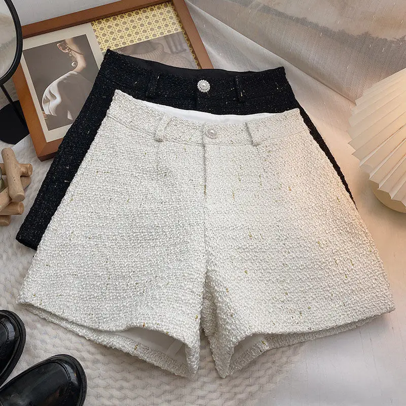 Solid Color High Waist Tweed Casual Shorts Women\'s Spring and Autumn New Korean Style Elegant Wide Leg Pants