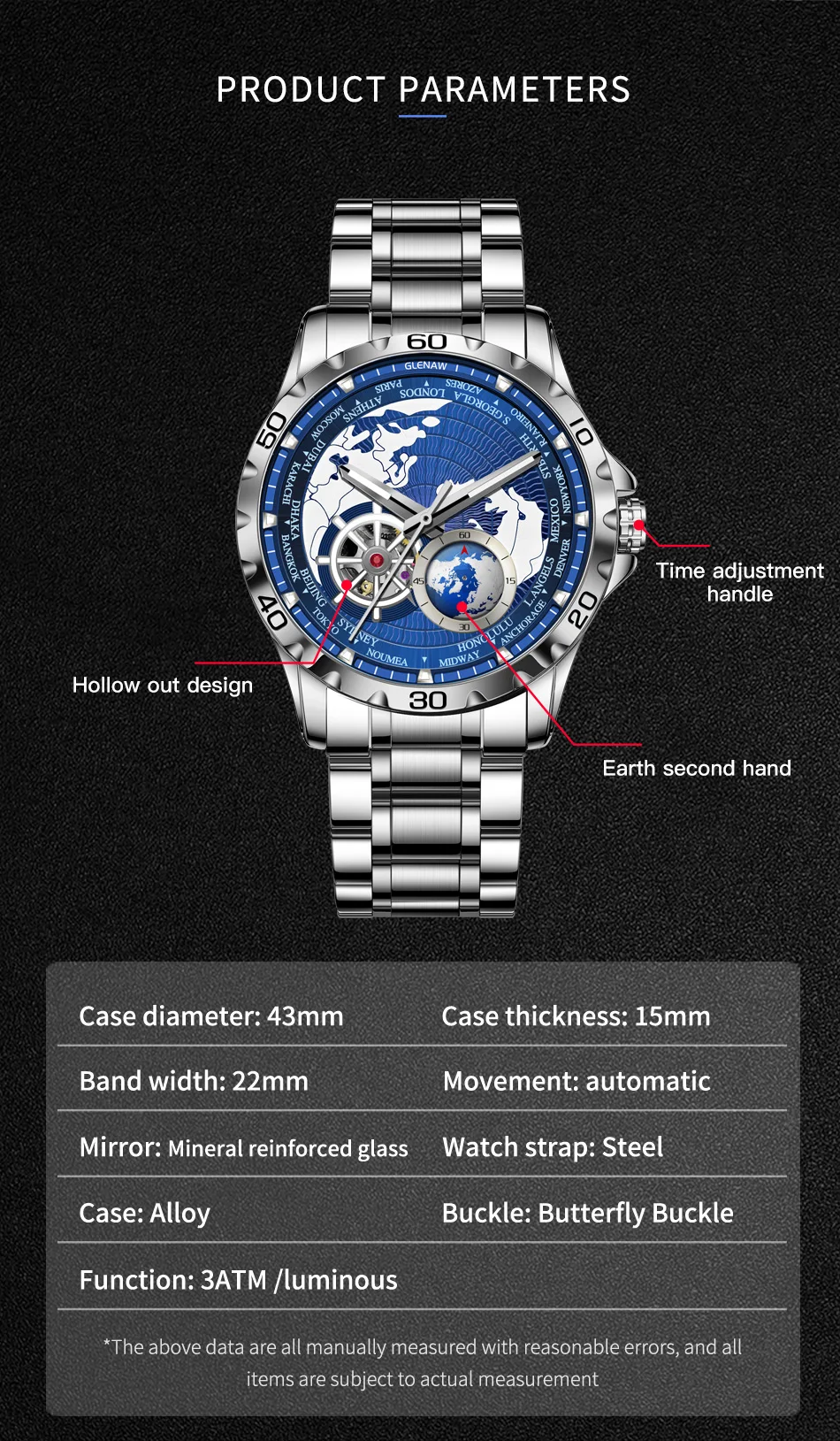 2024GLENAW Men\'s Casual Chronograph Mechanical Watch Waterproof Watch Luminous Stainless Steel Earth Rotating Men\'s Watch Luxury