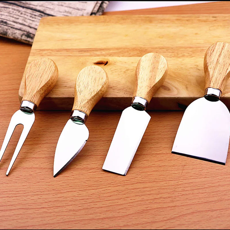 4pcs/set Wood Handle Sets Bard Set Oak Bamboo Cheese Cutter Knife SlicerCheedse Cutter Useful Cooking Tools  Kit Kitchen