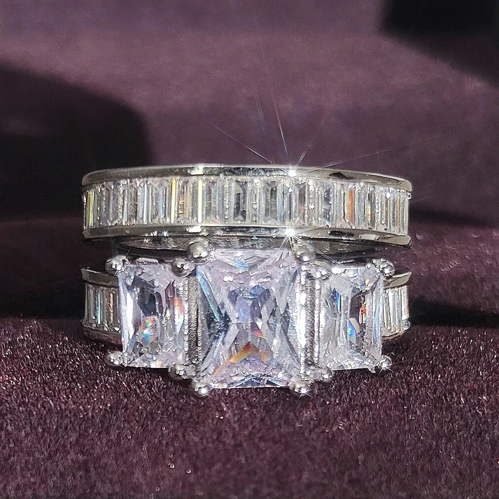 2025 New Luxury Princess Silver Color Bride Wedding Ring Set Africa Bridal for Women Lady Anniversary Gift Couple Jewelry R5397