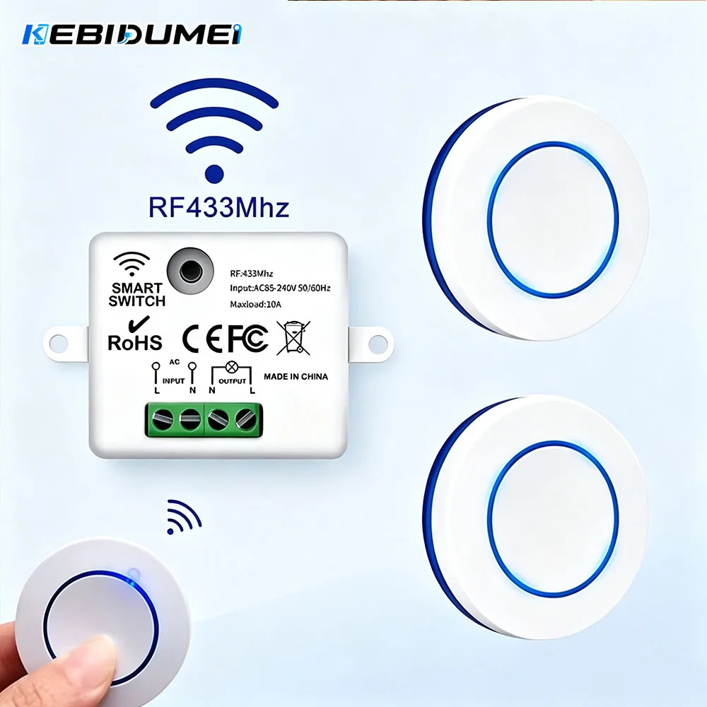 KEBIDUMEI RF433MHz Wireless Remote Light Switch, AC110‑240V 10A Relay Receiver Mini Round Button Panel for LED Lamp