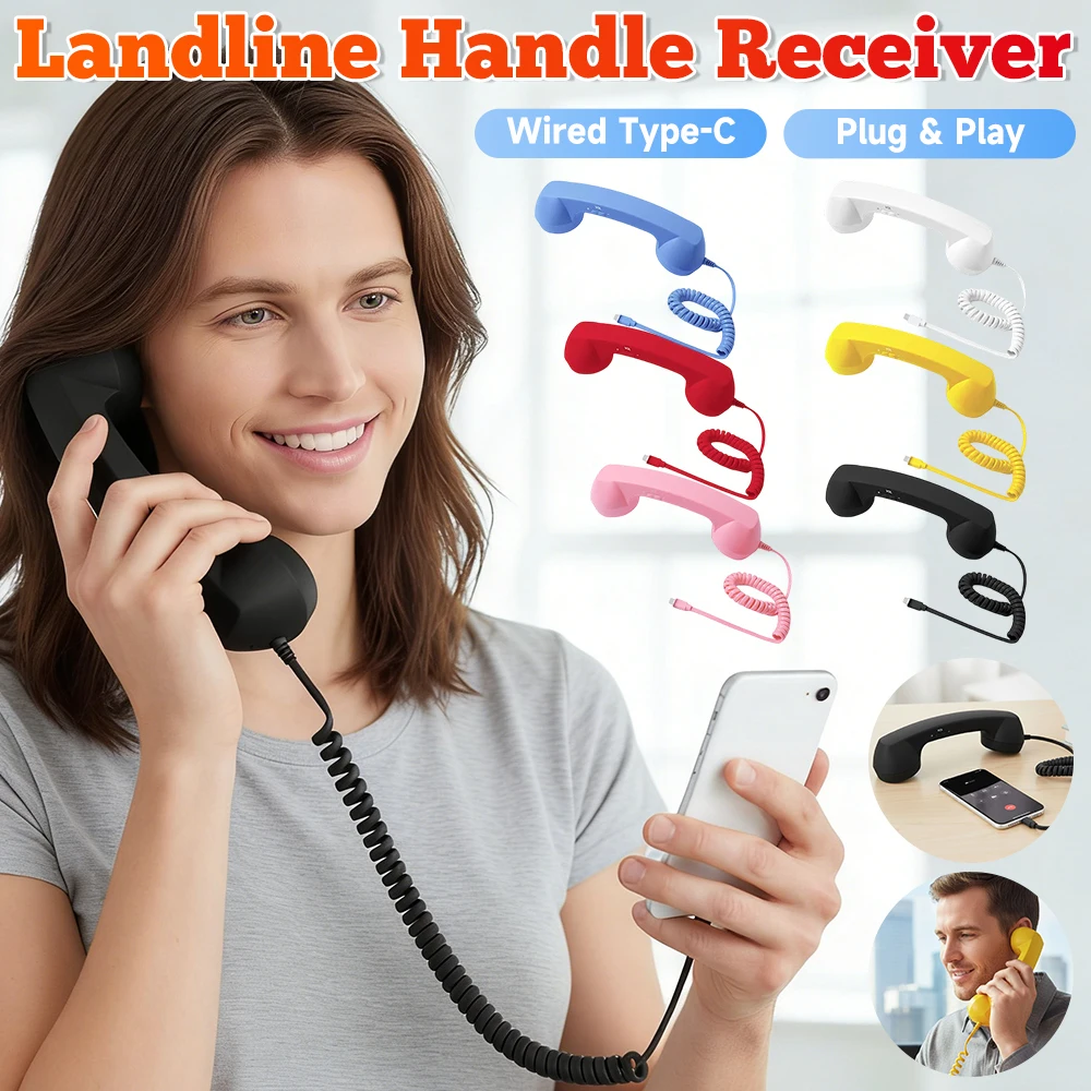 Retro Phone Handset Type-C Landline Handle Receiver Ergonomics Creative Telephone Head Set for Cell Mobile Video Conferences
