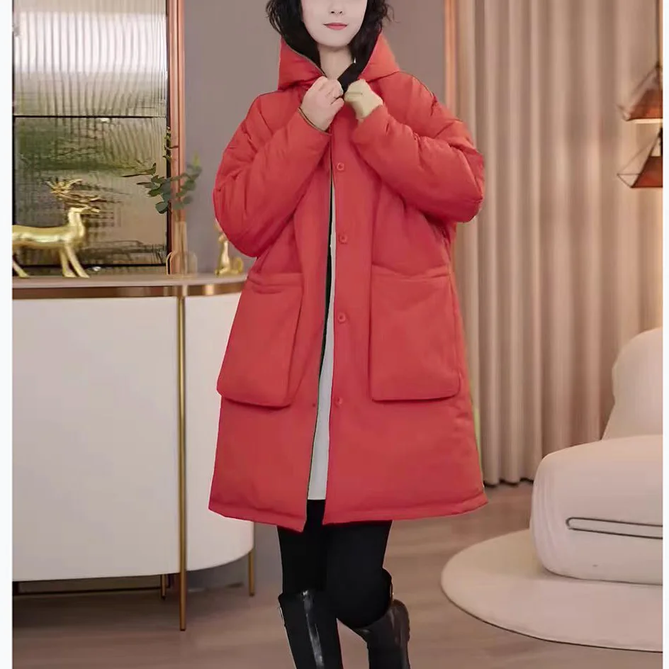 

Утепленная хлопковая куртка средней длины для женщин, новая зимняя модель, простая, универсальная, теплая, повседневная, с длинными рукавами и капюшоном