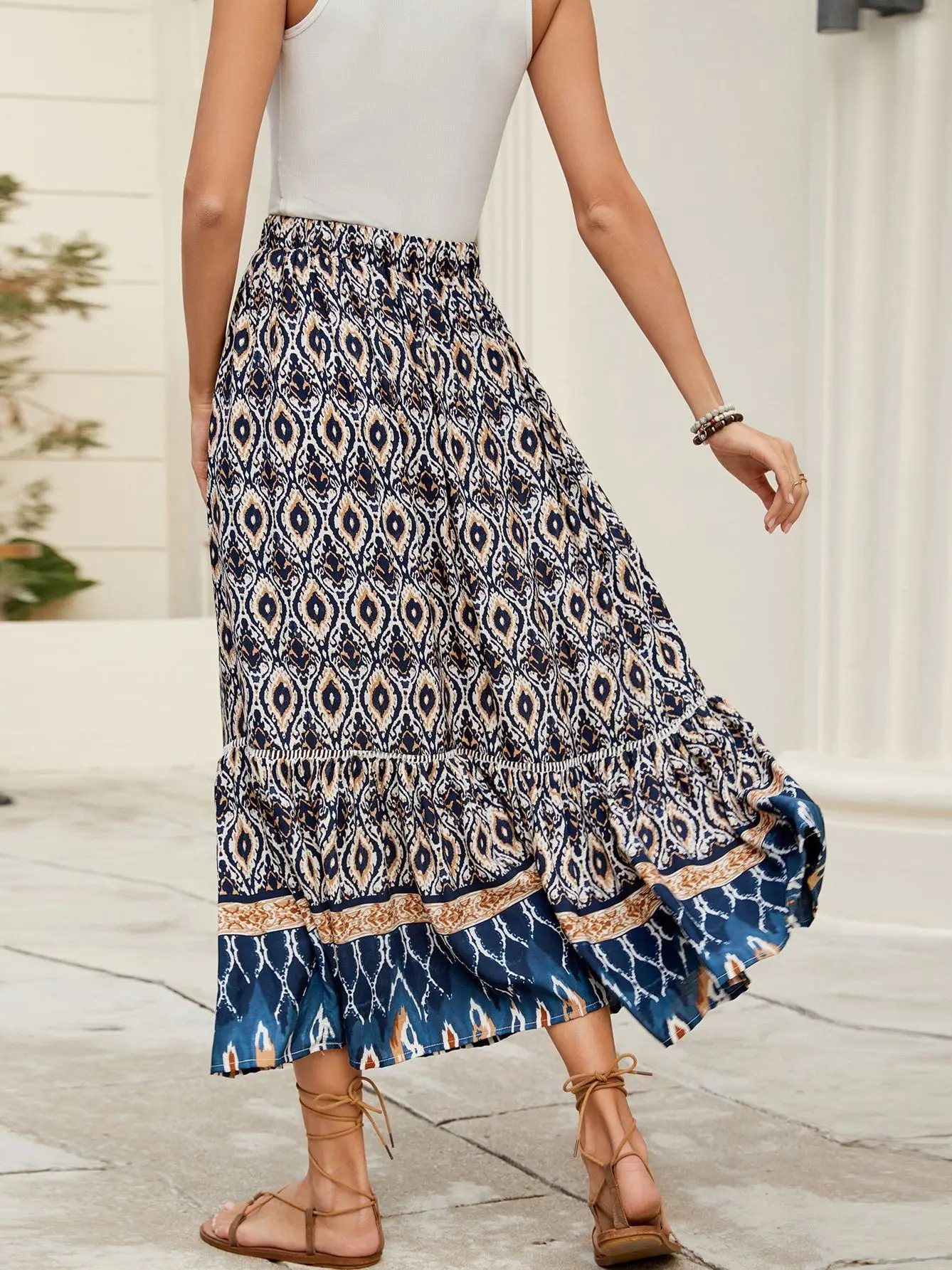 

Юбка макси в богемном стиле для отпуска, женская, пляжная, с большим воланом, со средней талией, из смесового хлопка, H-образный силуэт