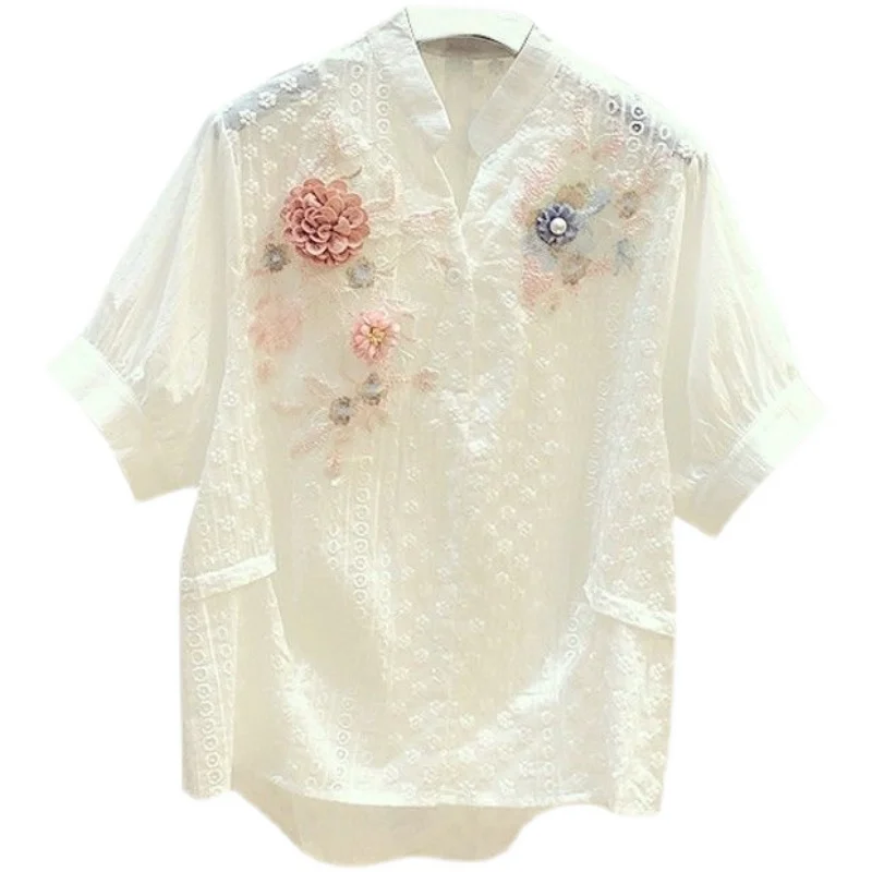 Cotton Short Sleeve White Shirt Blouse Women\'s 2023 Summer Art Embroidery Flower V-Neck Loose Top