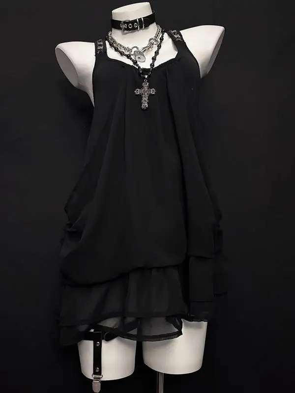 

Original Y2K Sexy Bla Strap Dr Women's Skirt Retro Sle Slimming Cotton Blend ort Sve Summer New Arrival