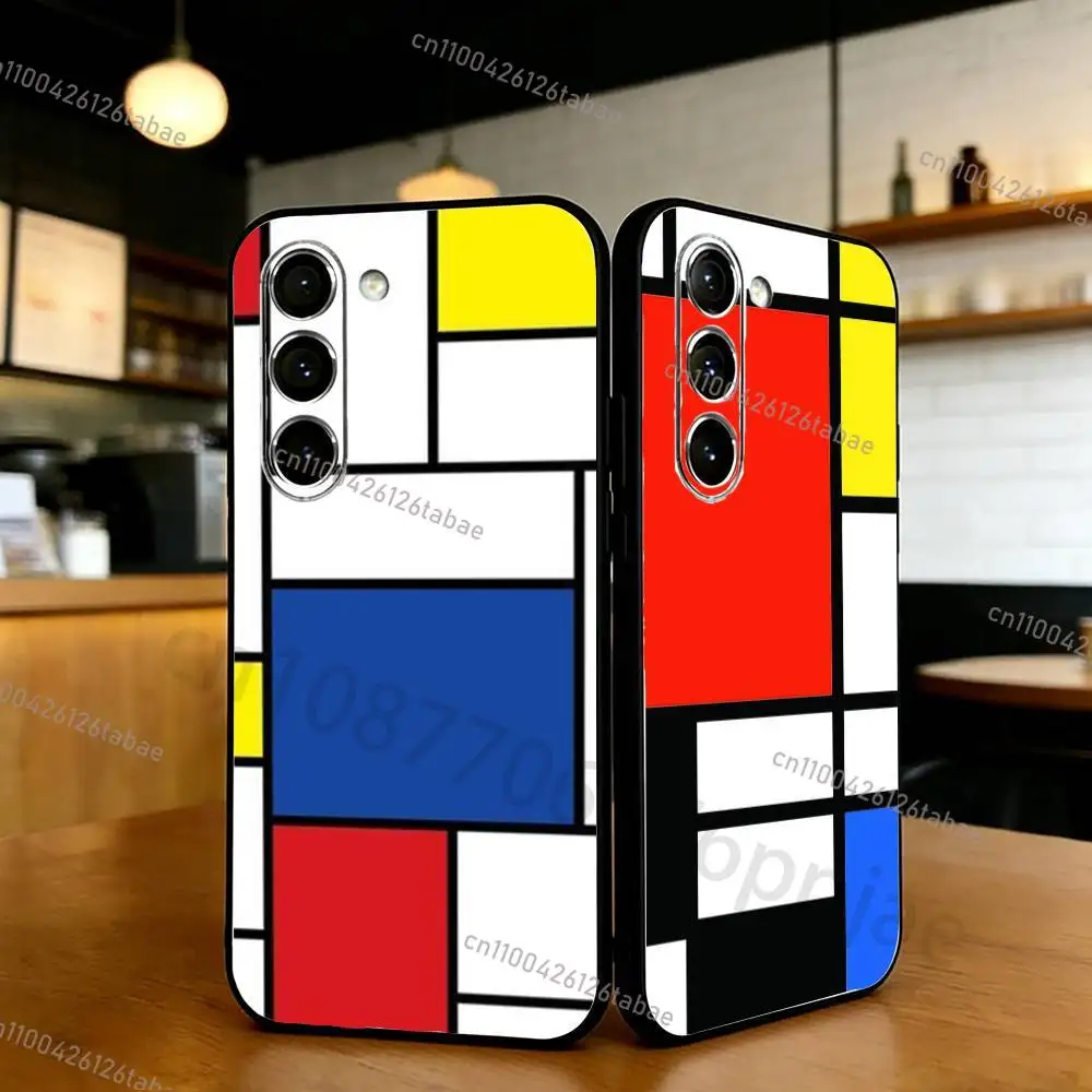 TOPLBPCS Mondrian Grid Phone Case For Samsung S20,21,22,23,24,25,26 Ultra,Plus,Lite Black Soft Cover