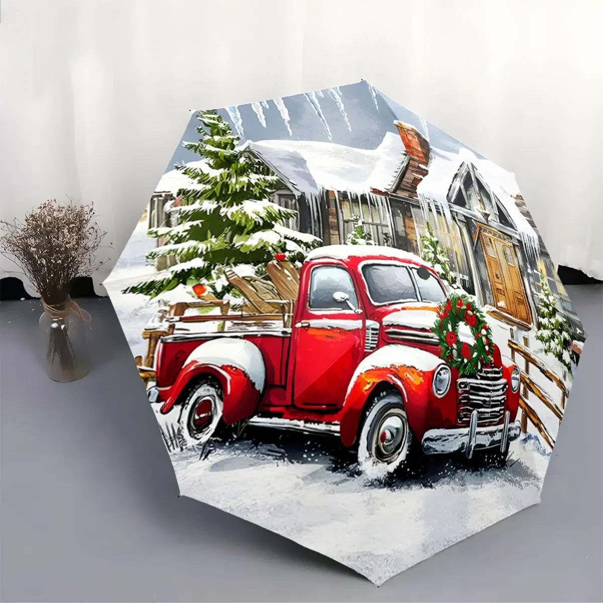 

Автоматический складной зонт. Винтажный красный грузовик в снежной зимней сцене. Портативный складной дизайн, повседневный уличный аксессуар,