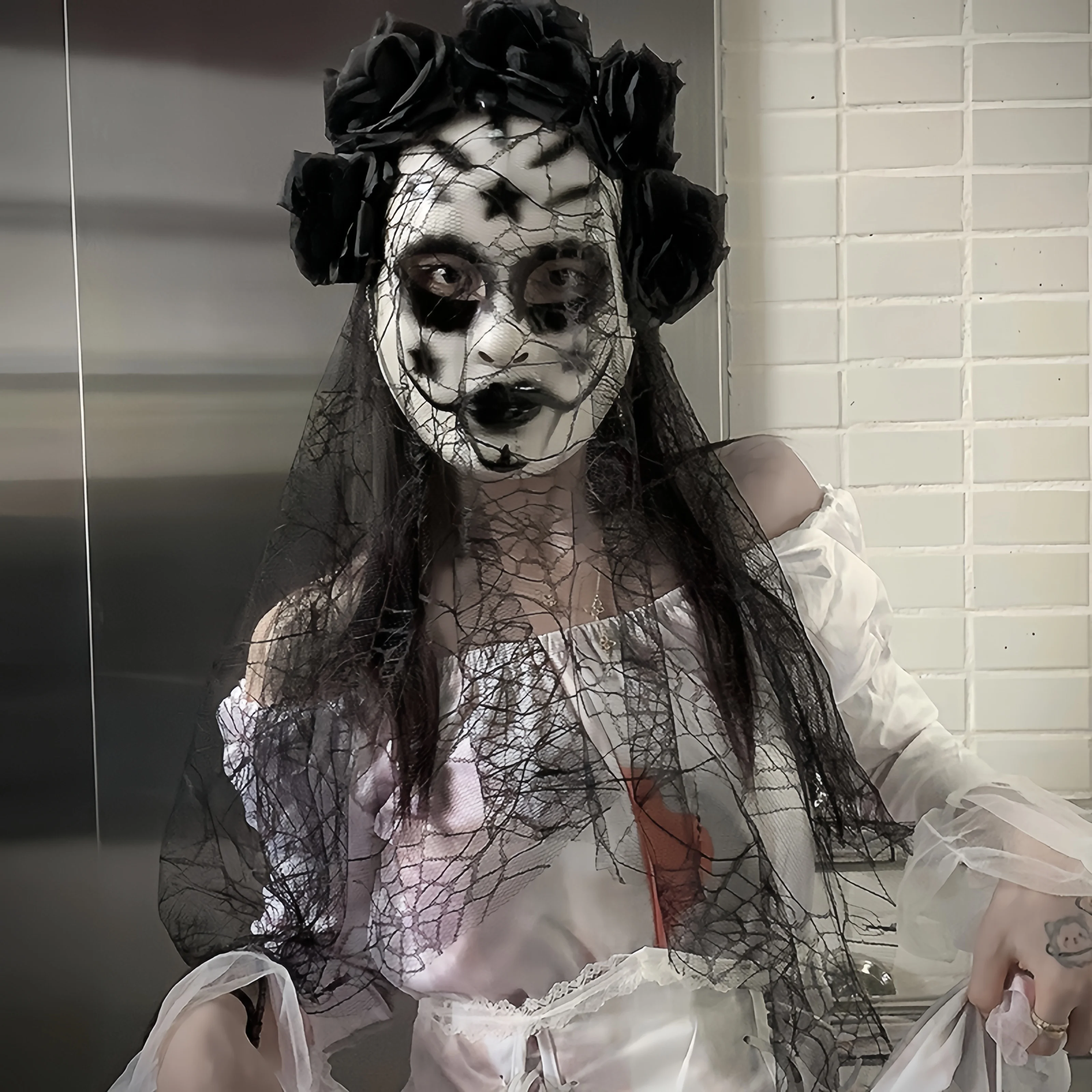 Halloween Cosplay Ghost Bride Veil Mask Lace Rose Horror Gothic Black Veil Mask Undead Carnival Party Masquerade Props