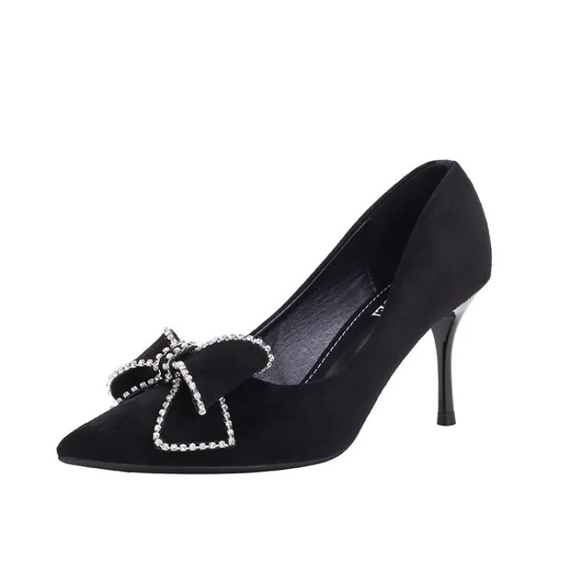

Bow black high heels for women, slim heels, 2026 spring new style, pointed and sexy shallow mouth dress, single shoe for women