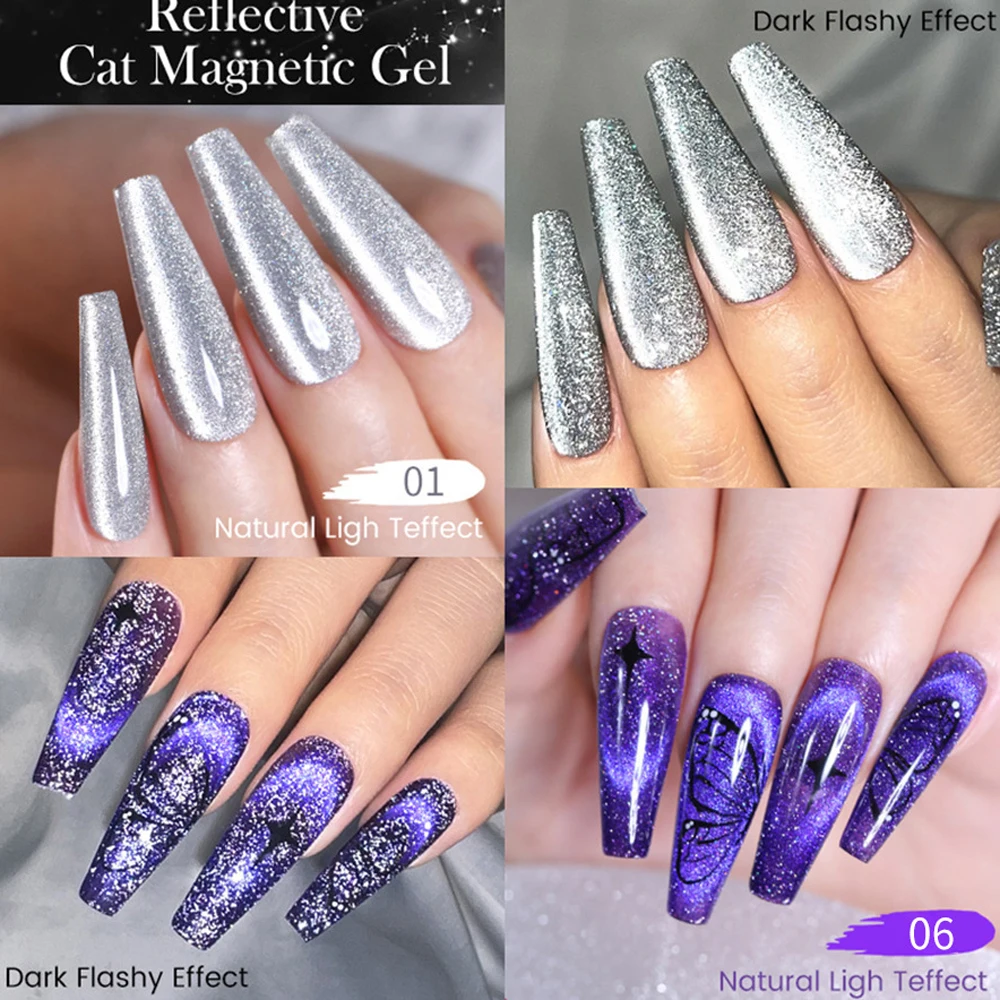 8ML Odblaskowy Cat Magnetic Gel Nail Polish Shining Diamond Silver Glitter Cat Eye Gel Semi Permanent Soak Off UV Gel Varnishes