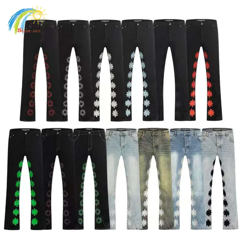 

Оранжевые флуоресцентные зеленые, синие, черные джинсы с вышивкой подсолнуха LOSTSHDWS для мужчин и женщин, повседневные модные джинсовые брюки унисекс