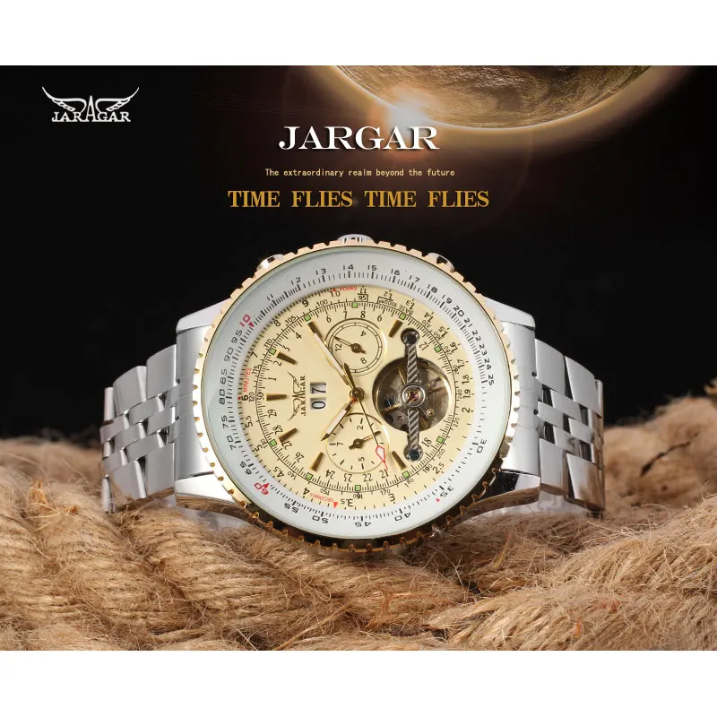 JARGAR Men's Automatic Mechanical Watch Pilot Style Large Dial Slide Rule Day Date Chronograph Sports Style Stainless Steel Band