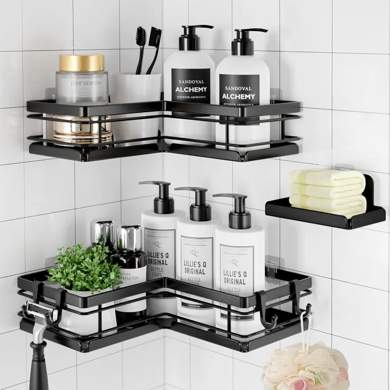 3 Piece Set, Corner Shower Shelves with Hooks & Soap Holder, Stainless Steel Shower Caddy for Corner, Black