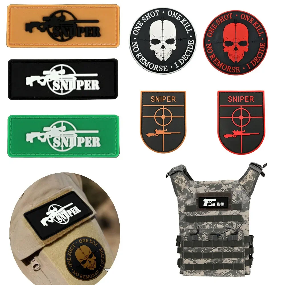 Glowing PVC Shield Tactical Patch Sniper Morale Badge Gun Aim Hook Loop Skull Patch Colored Rubber Attachment for Vest Backpack