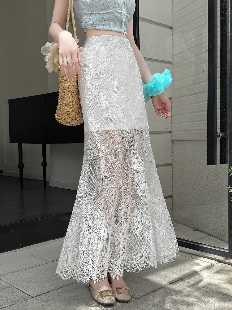 

High Waist Lace Trim A-Line Midi Skirt Women's Summer Faion Sensation f Body Skirt Patchwork Long Skirt Korean Sle