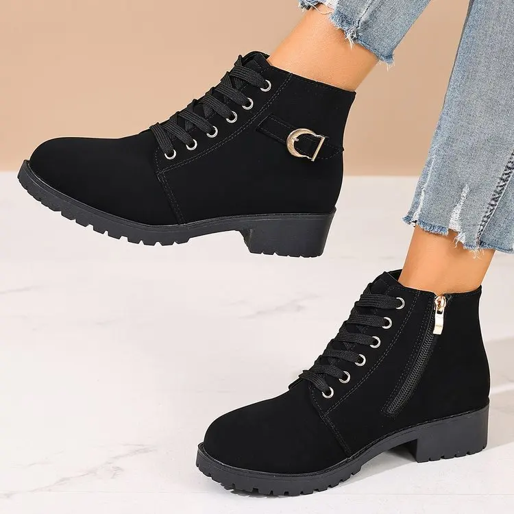 Damen-Stiefeletten mit runder Spitze, Schnürung, D-Metallschnalle, seitlichem Reißverschluss, niedrigem Blockabsatz, für den Alltag, Streetwear und Outdoor – Detail 9